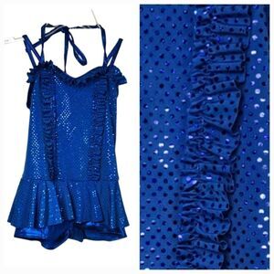 Girls Blue Sequin Ruffle Biketard Sleeveless Leotard Dance Costume Small Feather